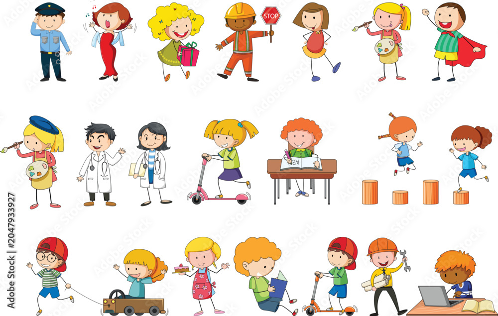 Fototapeta premium Colorful vector illustration featuring diverse children performing various professional and fun daily life activity roles