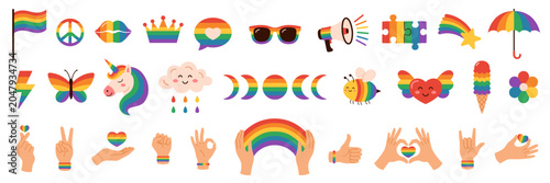 Colorful LGBTQ pride icon set: rainbow symbols, accessories, hearts, hands gestures, nature elements. Flat cartoon elements for love, equality, diversity celebration. Isolated. Vector illustrations.