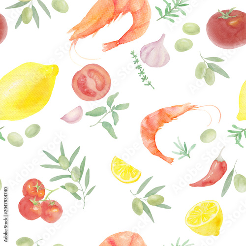 Mediterranean Kitchen Watercolor Seamless Pattern