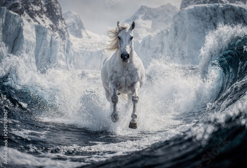 Majestic White Horse Running Through Rough Ocean Waves with Glacier Mountains