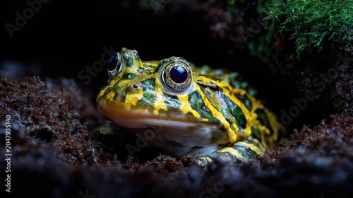 Close view of a frog resting on damp soil near plants in a shaded area during daytime