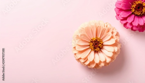 Delicate zinnia blooms in soft pinks showcase natural beauty with copy space