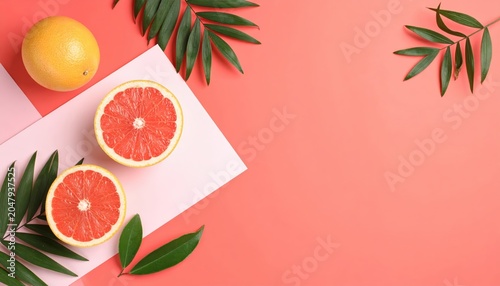 Vibrant grapefruit arrangement on geometric pastel backdrop with foliage