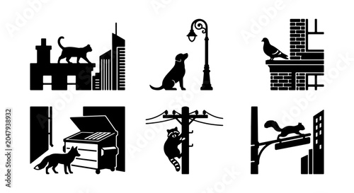 Photography Urban Wildlife Silhouettes: Cat, Dog, Fox, Squirrel, Raccoon, Pigeon Vector Icon