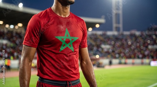 Close-up of a sweaty athlete wearing a red jersey with the Moroccan green star emblem standing in a crowded stadium at night