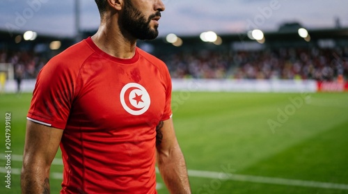 Professional soccer player wearing a red Tunisia national team jersey standing on a green field in a crowded stadium during a football match