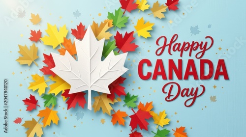 Happy canada day celebration with colorful maple leaves on blue background