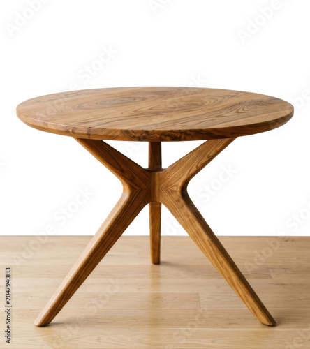 Wooden round table with unique three leg design on hardwood floor isolated on transparent background