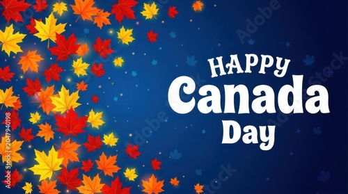 Happy canada day celebration with colorful maple leaves on blue background