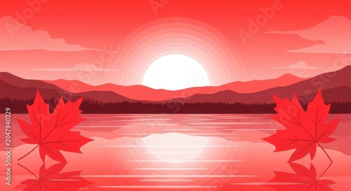 Red sunset over a lake with mountains and maple leaves
