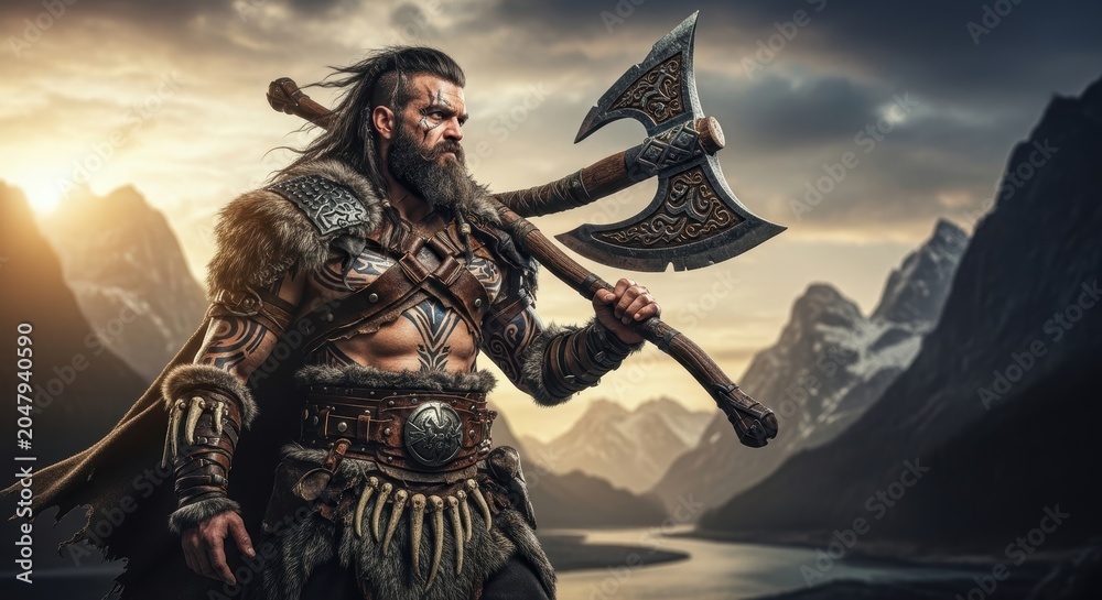 Naklejka premium Viking Warrior with Double Axe in Mountainous Landscape.