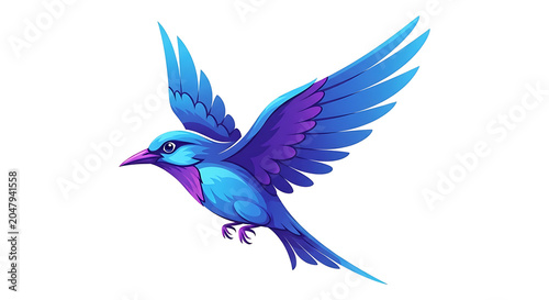 Vibrant blue and purple of a flying bird with wings spread wide