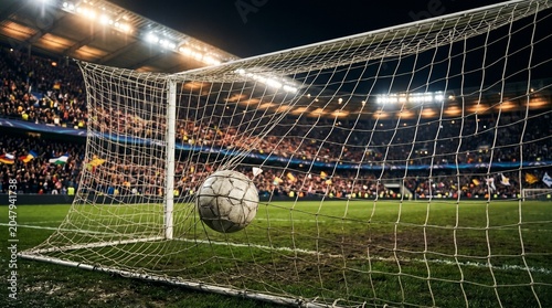 Soccer ball in goal net, stadium lights, intense sports action