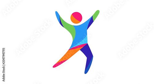 Vibrant multicolored abstract figure with rainbow stripes and pink head, dynamic pose