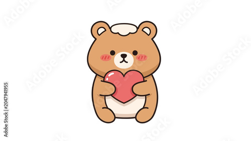 Tableau sur toile A cute cartoon bear holding a pink heart with rosy cheeks and a fluffy white chest patch