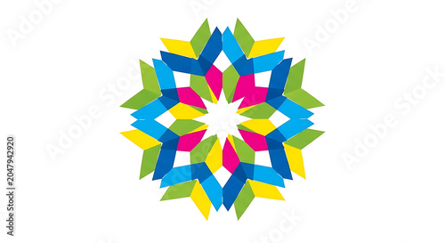 Vibrant radial burst with geometric shapes in blue, yellow, pink, and green star
