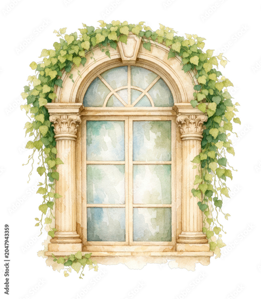 Fototapeta premium PNG Elegant arched window with vines