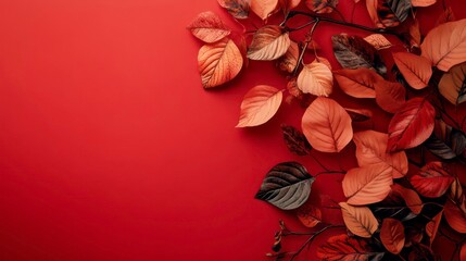 An illustration of autumn leaves on a red background with copy space for modern design
