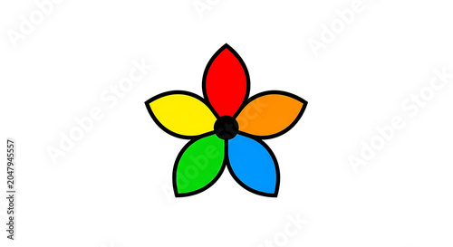 Vibrant vector-style flower with five overlapping petals in red, yellow, green, blue, and orange