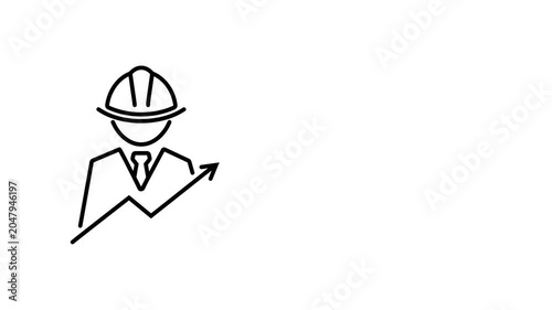 Engineer success and progress icon animation loop. A sleek animated line icon depicts an engineer figure in a hard hat with an upward-pointing graph arrow, illustrating concepts of progress.