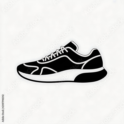 Black and white illustration of a running shoe with laces