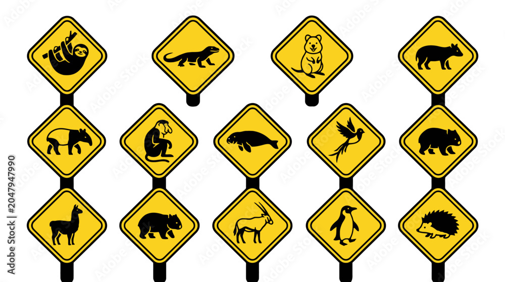 Fototapeta premium Set of yellow warning road signs with various wild animal silhouettes isolated on white background. EPS Editable