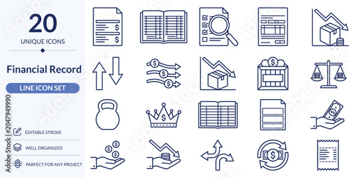 Tableau sur toile Financial Record Line Icon Set line editable stocks including regulatory update audit trail, policy adherence, data privacy certification status, and compliance