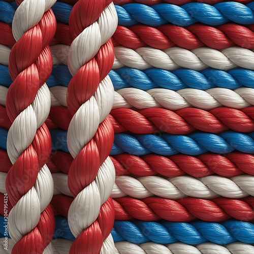 Red white and blue ropes stacked together in a colorful pattern