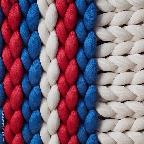 Red white and blue braided ropes closeup texture