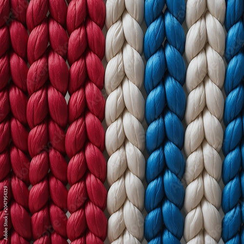 Red white and blue braided rope texture background closeup
