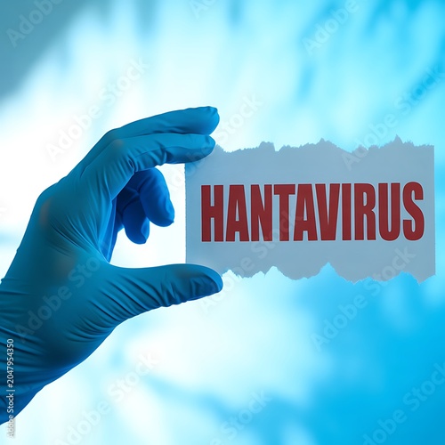 Gloved hand holding paper with Hantavirus text on blue background