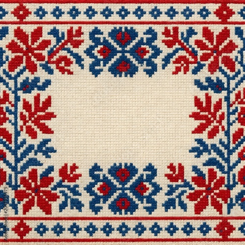Ukrainian Embroidery Frame Background with Copy Space on Linen Fabric