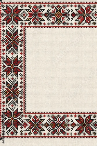 Ukrainian Embroidery Frame Background with Copy Space on Linen Fabric