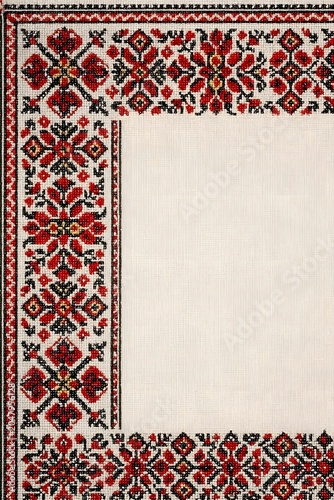 Ukrainian Embroidery Frame Background with Copy Space on Linen Fabric