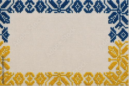 Ukrainian Embroidery Frame Background with Copy Space on Linen Fabric