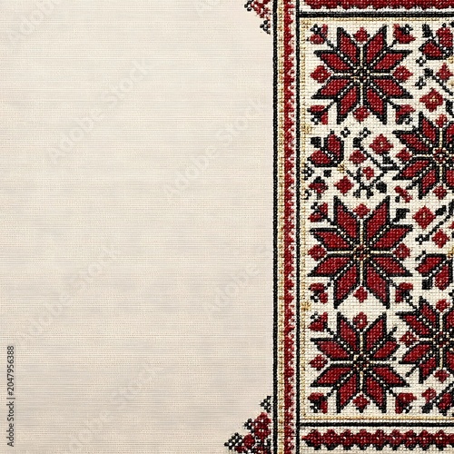 Ukrainian Embroidery Frame Background with Copy Space on Linen Fabric
