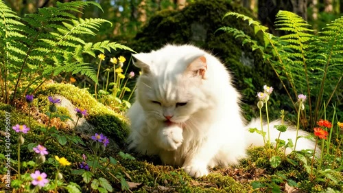 Beautiful white fluffy cat with heterochromia sitting among lush greenery with ferns and wildflowers in a serene natural setting