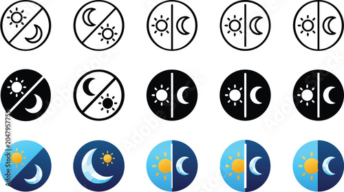 Set of day and night cycle icons featuring sun and moon symbols on transparent background