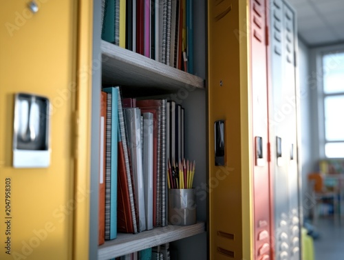 Bookshelves and Lockers in School Classroom Setting, Education Concept