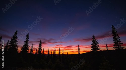 Time-lapse of vibrant sunset colors painting the sky over a serene forest of pine trees
