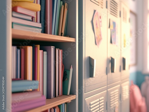 Bookshelf and School Lockers with Warm Light, Education and Learning Theme