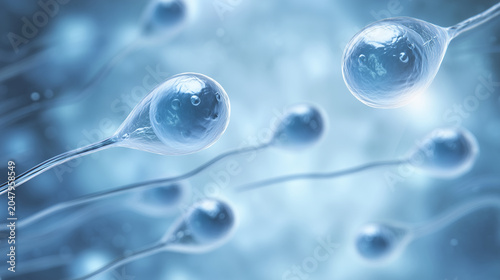 Blue microscopic fertility science image with realistic sperm cells, reproductive health and IVF laboratory concept, male fertility research, sperm motility analysis, embryology, with copy space