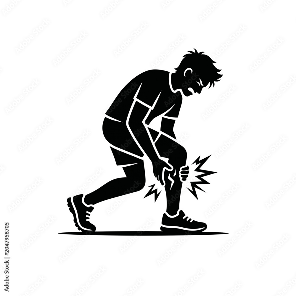 Fototapeta premium Runner silhouette demonstrates a leg injury with a star burst symbol indicating acute pain and muscle trauma sustained during a high impact athletic activity on a plain white studio background.