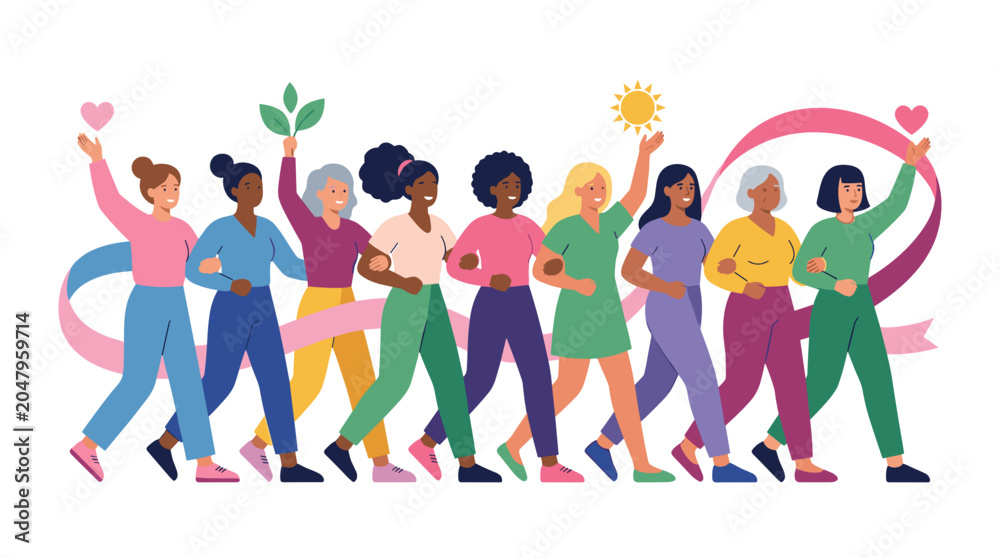 Obraz premium Diverse group of women walking together in solidarity supporting each other with symbols of hope and growth Vector