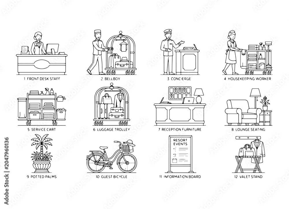 Obraz premium Set of hotel staff and resort equipment line icons