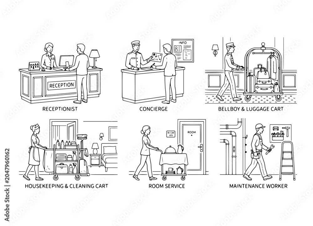 Obraz premium Hotel staff and equipment line art collection for travel