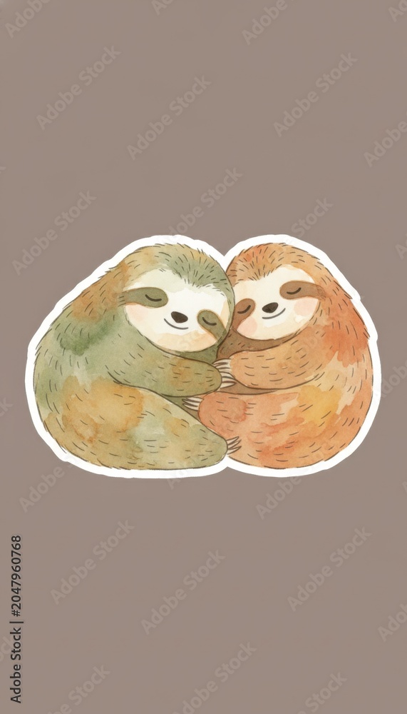 Obraz premium Watercolor Illustration of Two Cute Sloths Hugging, Sticker Style Art on Neutral Background