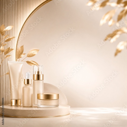 Luxury gold cosmetic products on stone podium with golden leaves decoration
