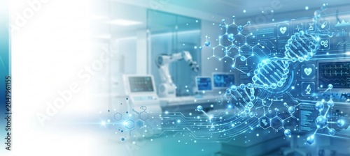 Futuristic medical laboratory background with glowing DNA helix and molecular structures banner