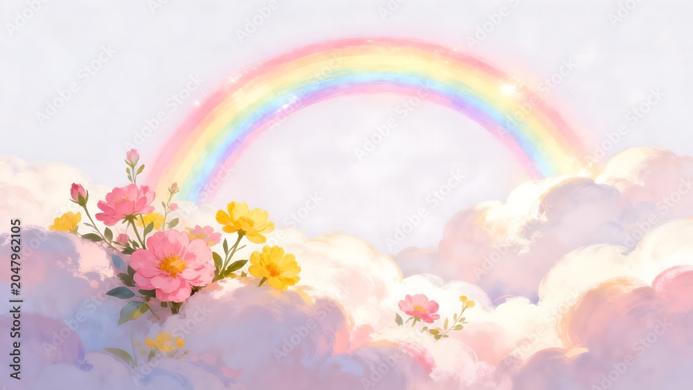 Fototapeta premium Clouds with flowers and rainbow